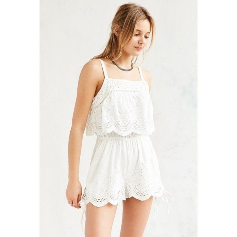Minkpink crescent embroidered overlay rompers